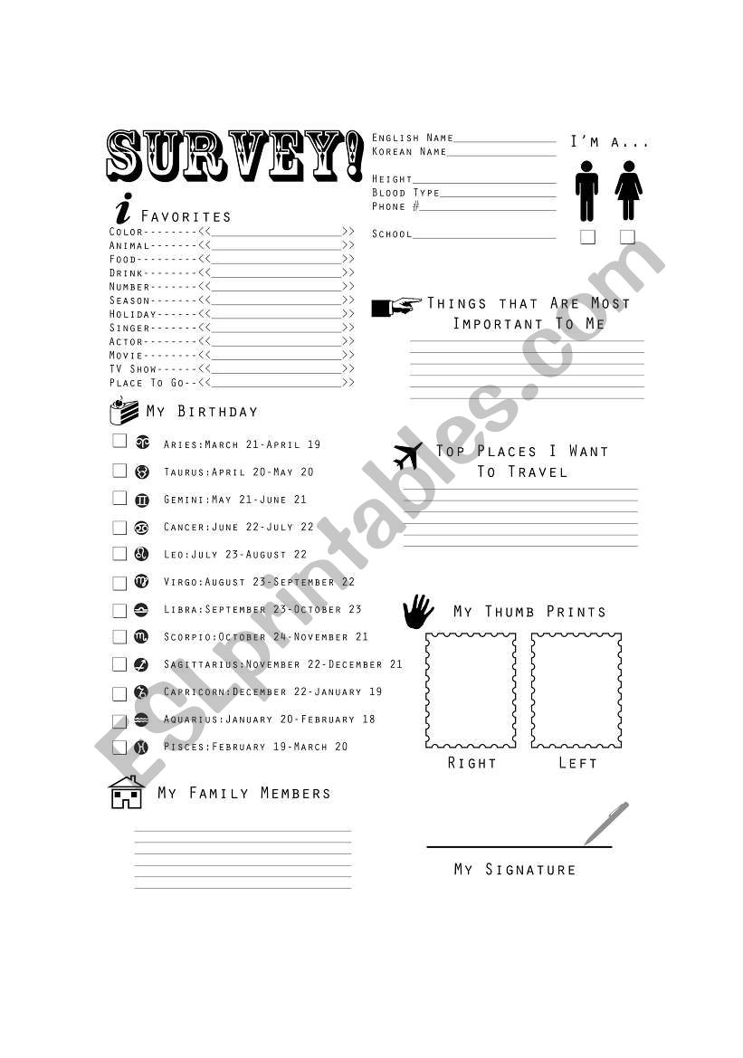 All About Me Survey worksheet