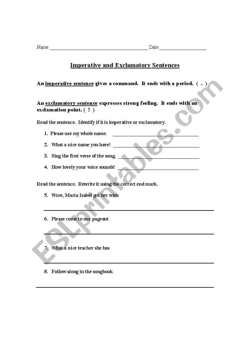 Imperative and Exclamatory worksheet
