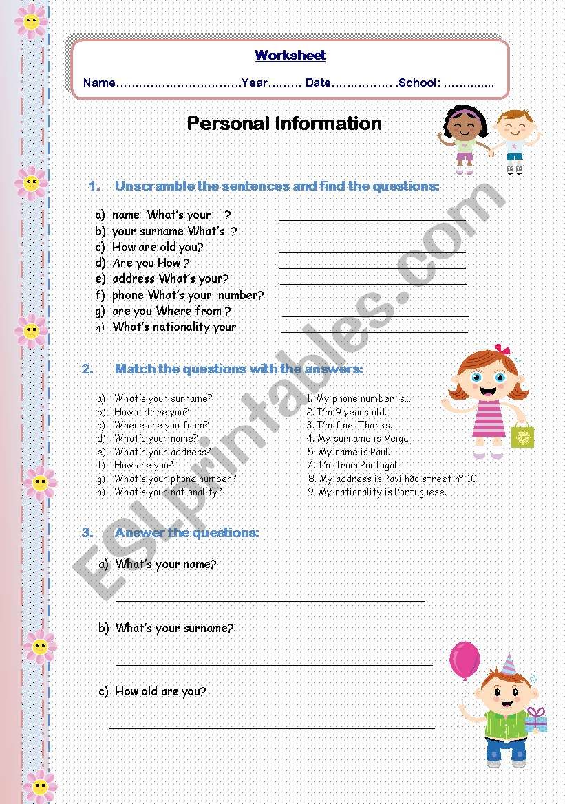 Personal information / iintroductions worksheet