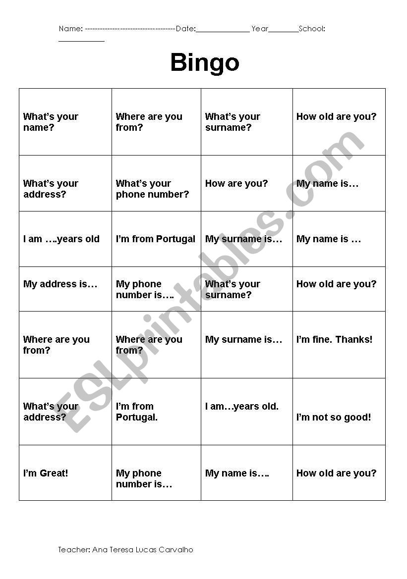 Introductions Bingo worksheet