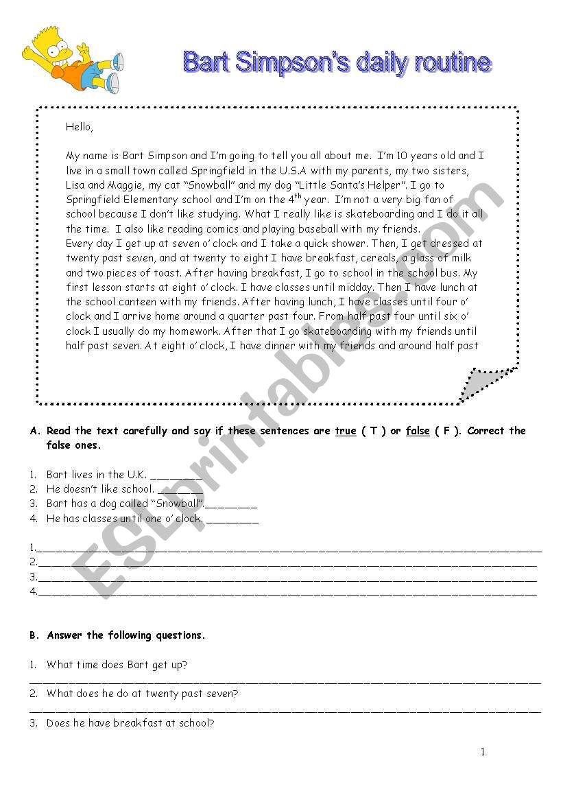 Bart Simpsons dily routine worksheet