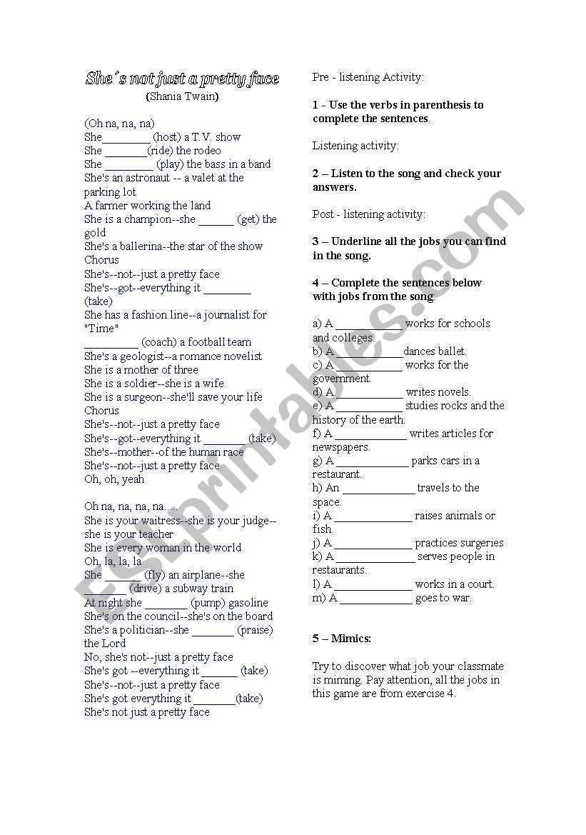 Song - Job vocabulary worksheet