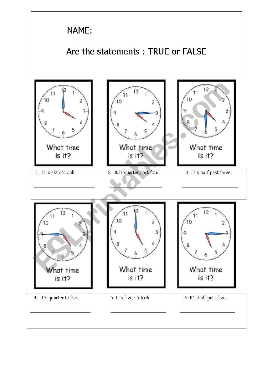 Telling Time/test worksheet