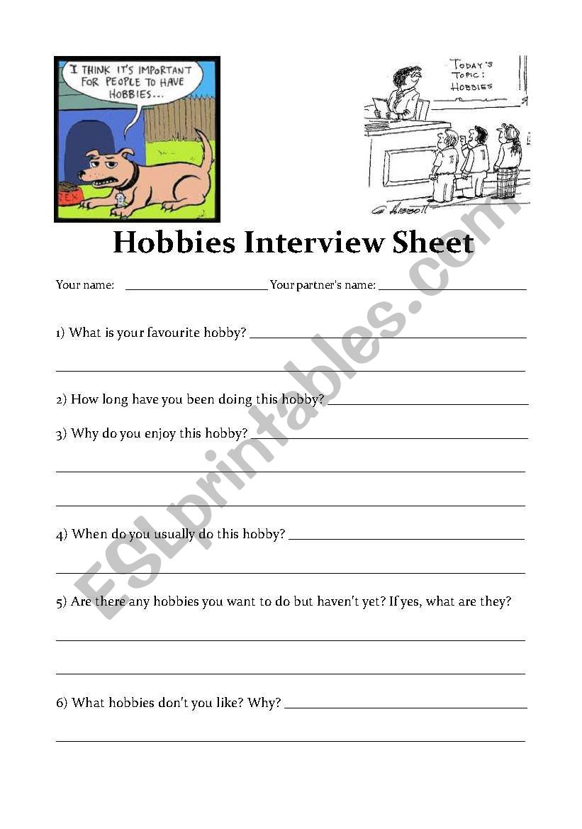 Hobbies Interview Sheet worksheet