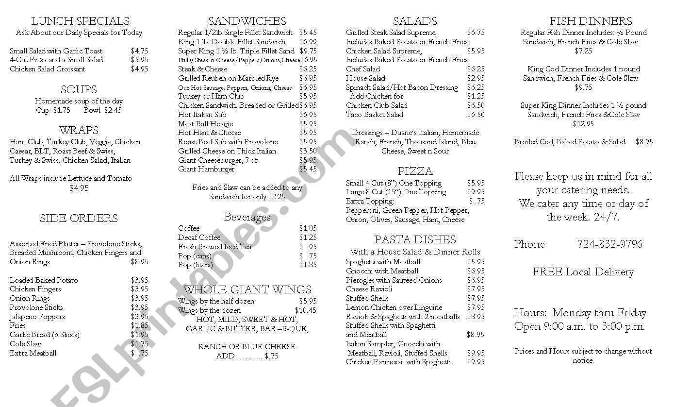 Restaurant menu worksheet