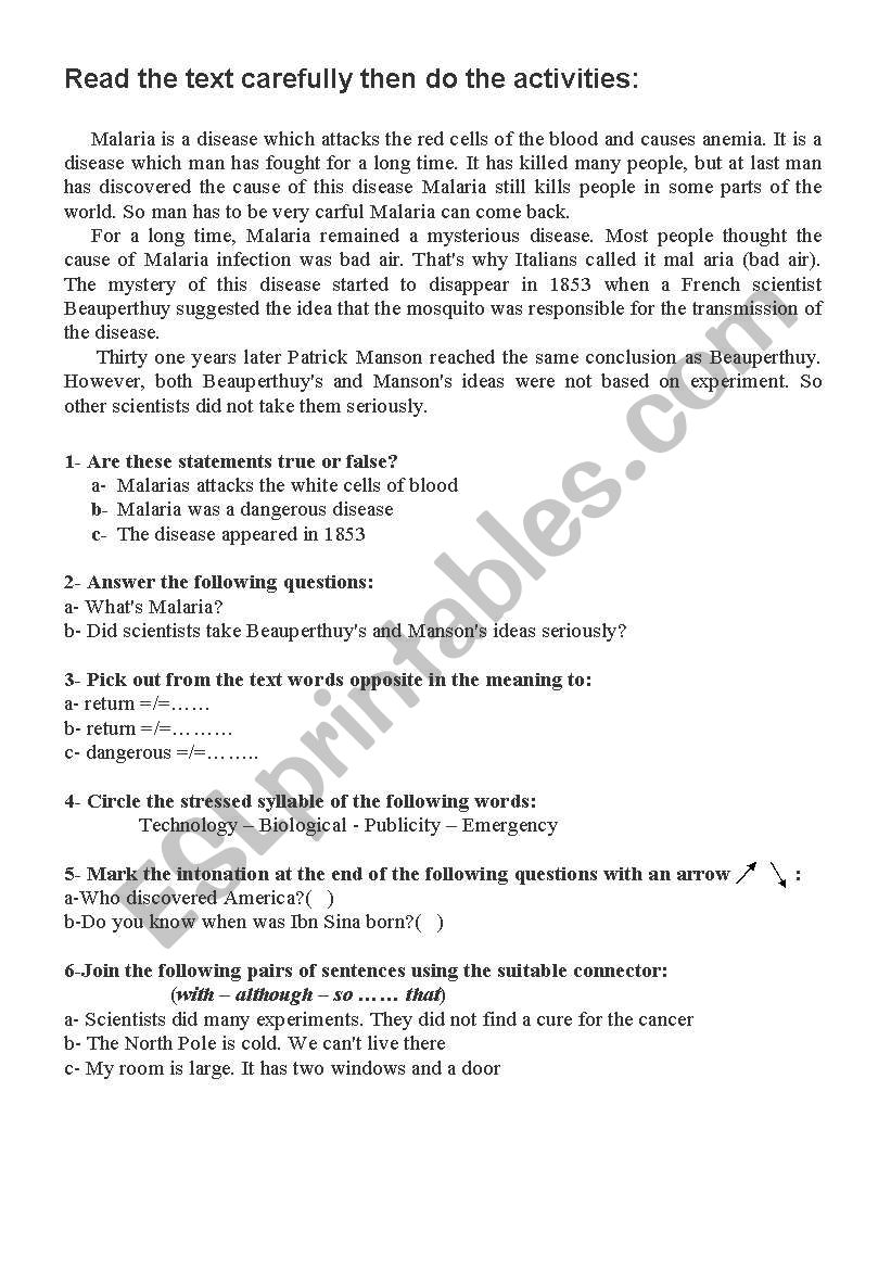 malaria worksheet