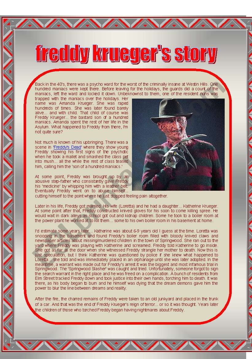 freddy krugers story worksheet