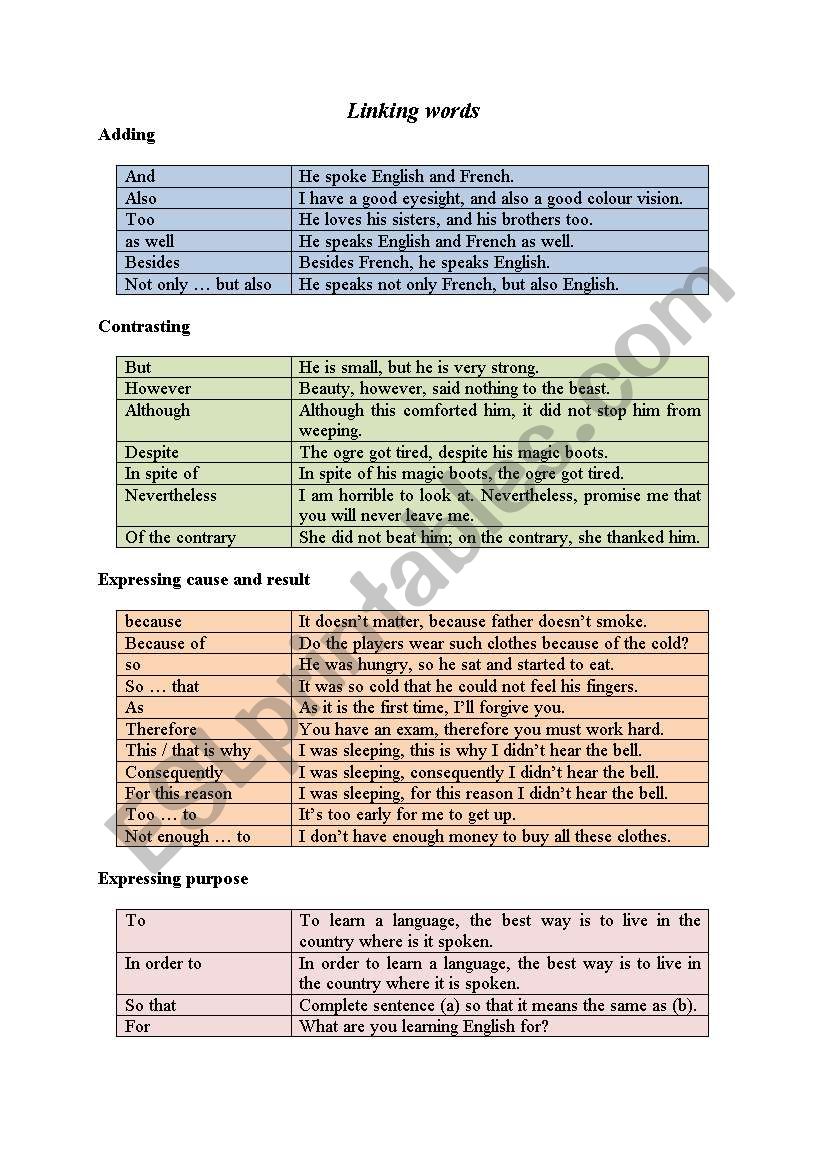 linking words worksheet