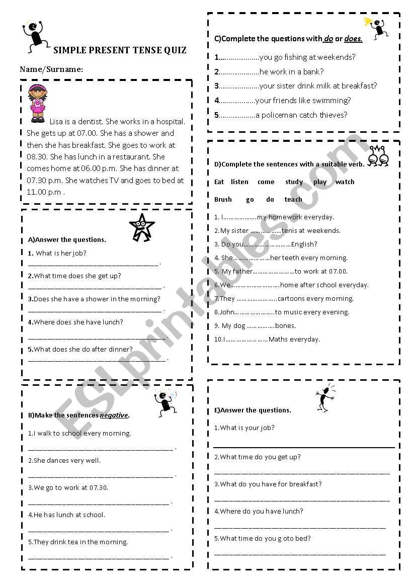 Simple Present Tense quiz worksheet