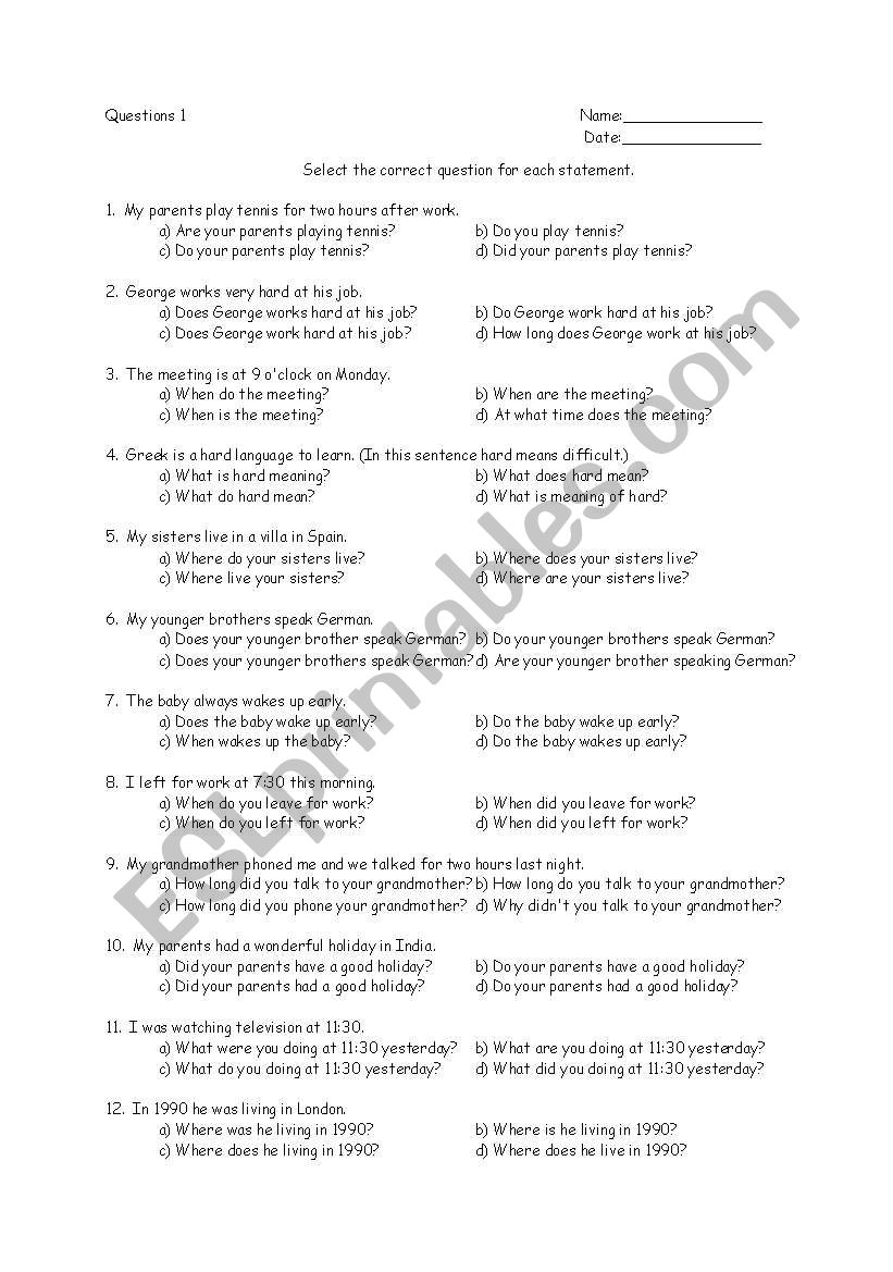 Questions 1 worksheet