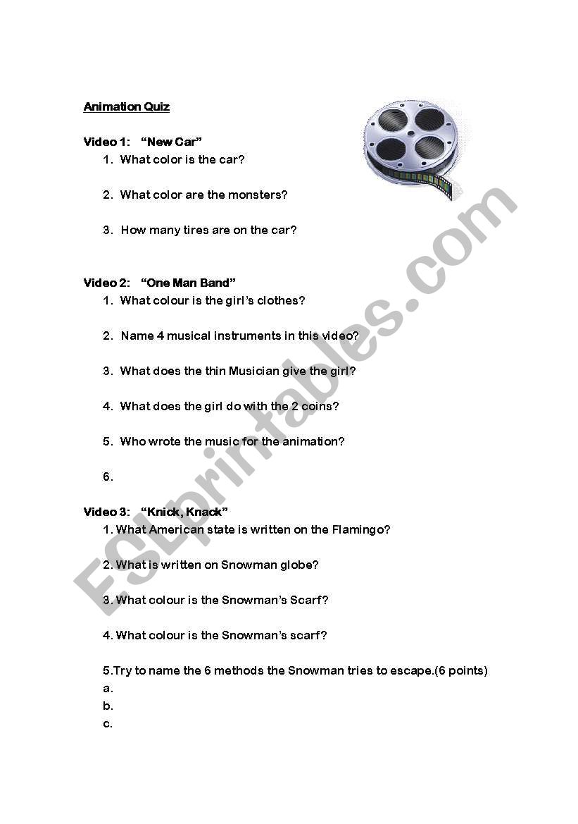 Pixar Movie Quiz. worksheet