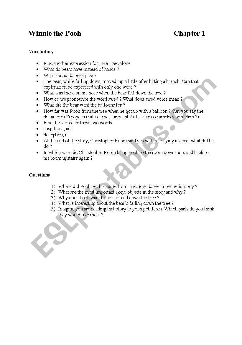 winnie the pooh - chapter1 worksheet