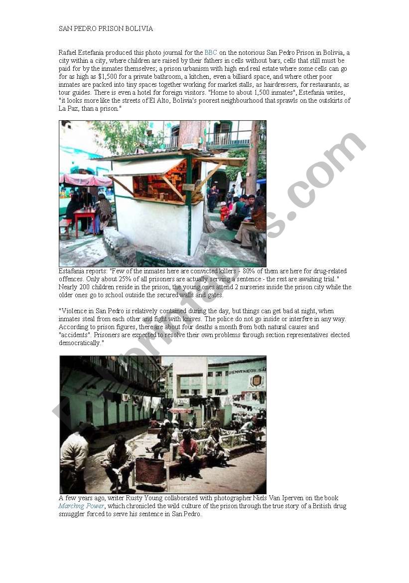 reading material about san pedro prison bolivia,,advanced..discussion on prison life and the concept of children living within a prison