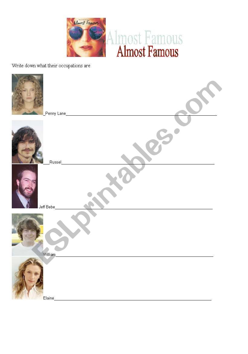 Movie activity Almost Famous worksheet