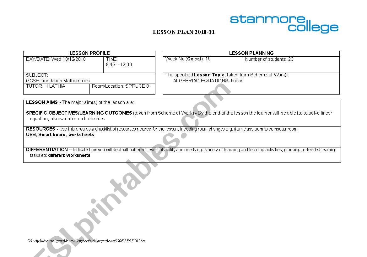 sample lesson plan worksheet