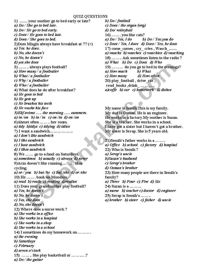 Test on present simple tense worksheet
