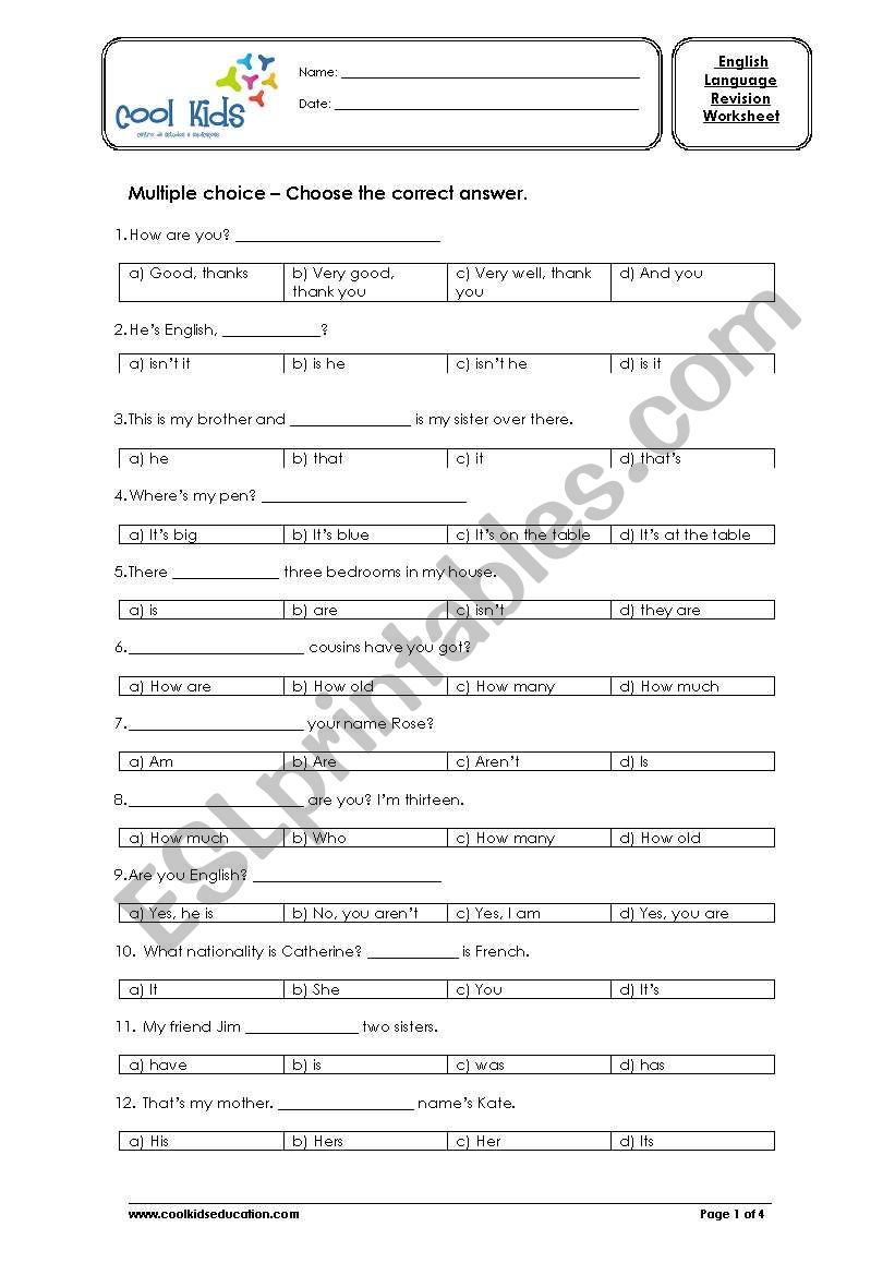 English Revision Worksheet worksheet