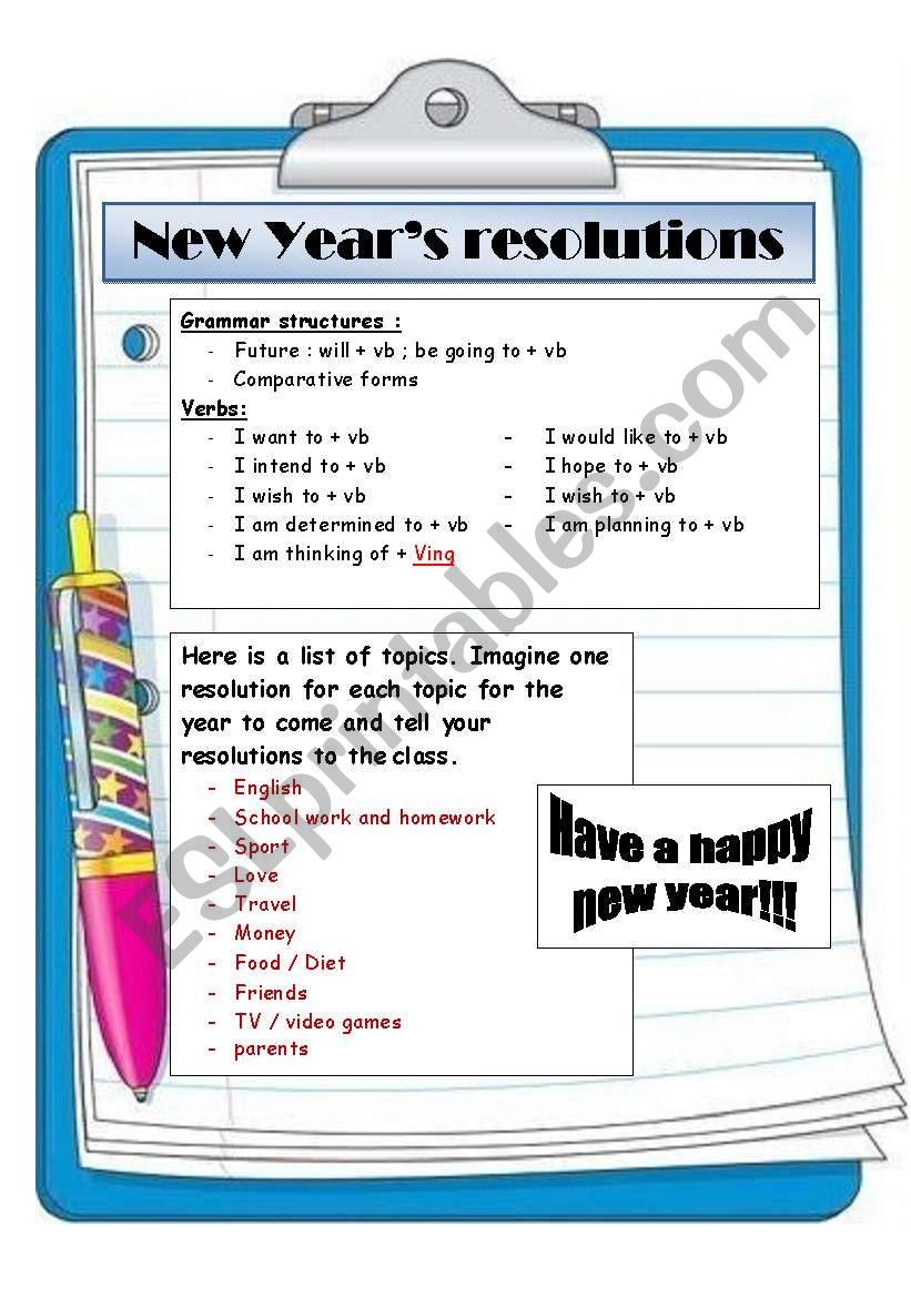 New Years resolutions worksheet