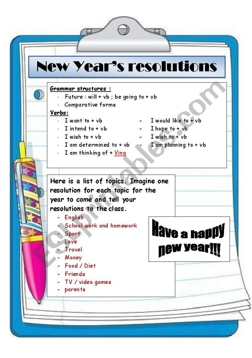 New YearÂ´s resolutions worksheet