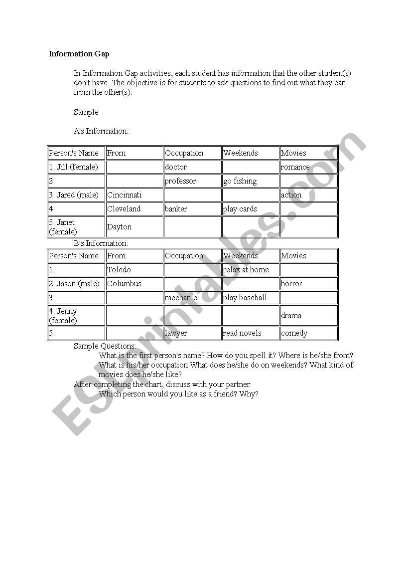 information gap activity worksheet