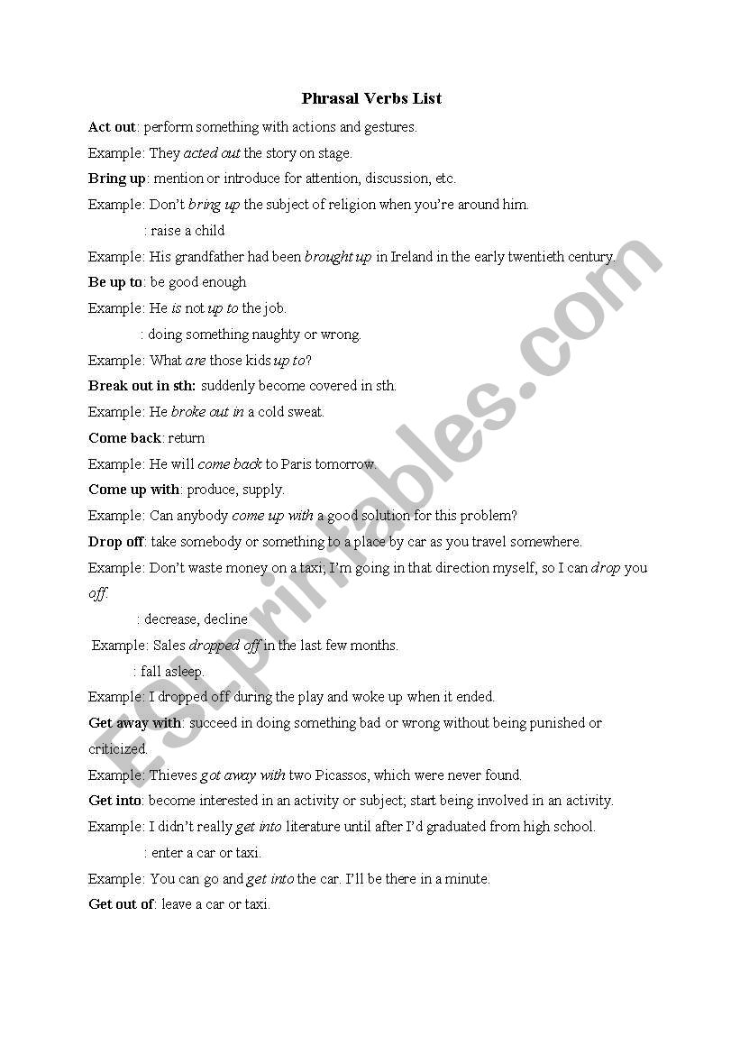 phrasal verb list worksheet