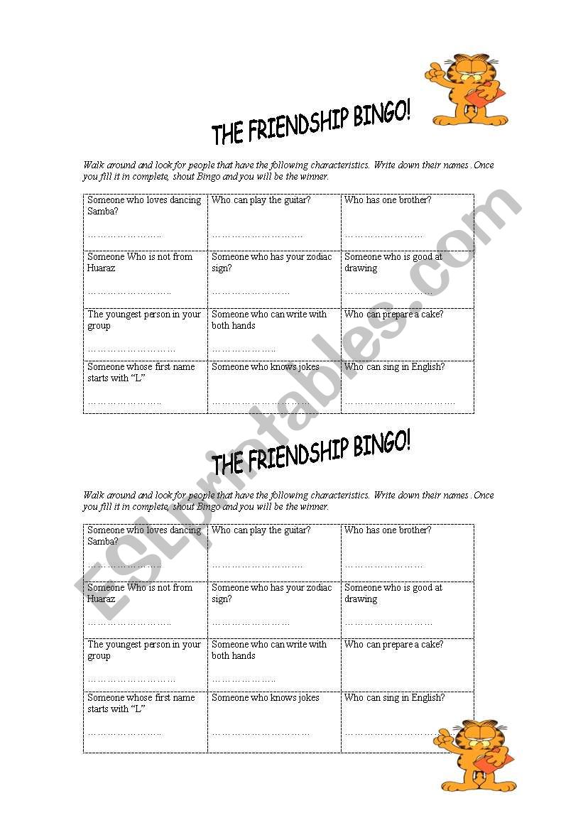 the friendship bingo worksheet