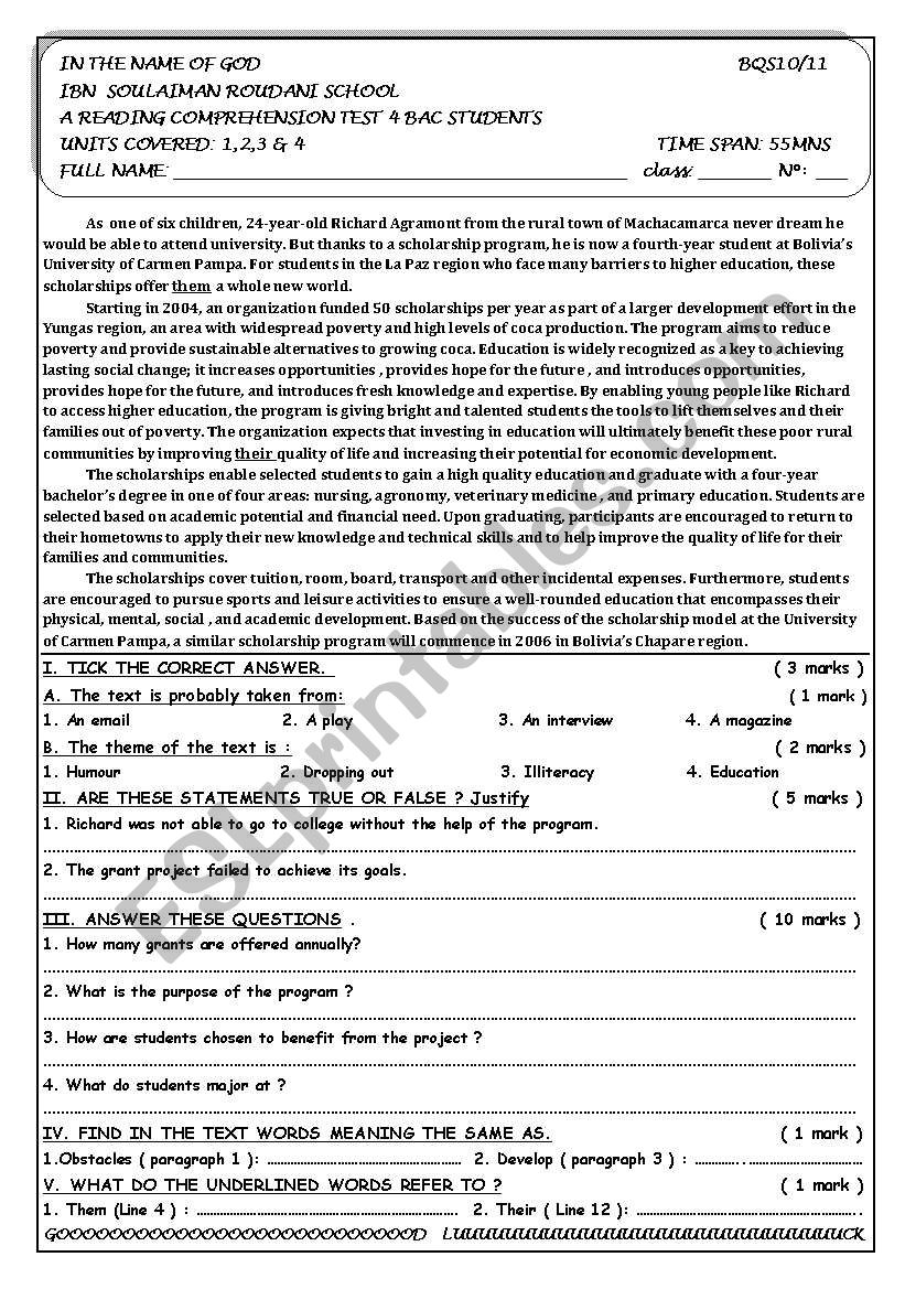 A READING COMPREHENSION QUIZ worksheet