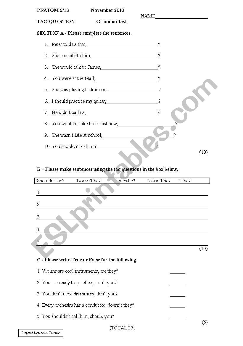 ESL grade 6  - Tag questions worksheet