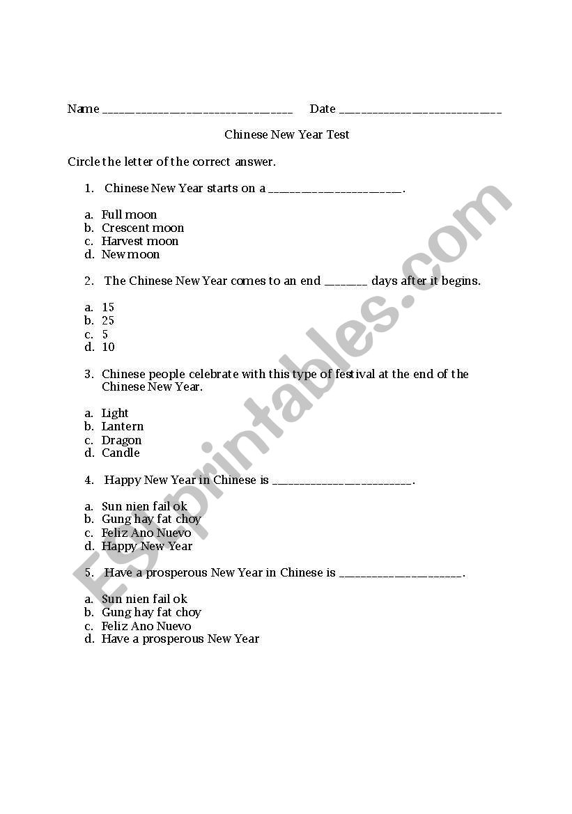 Chinese New Year Test worksheet