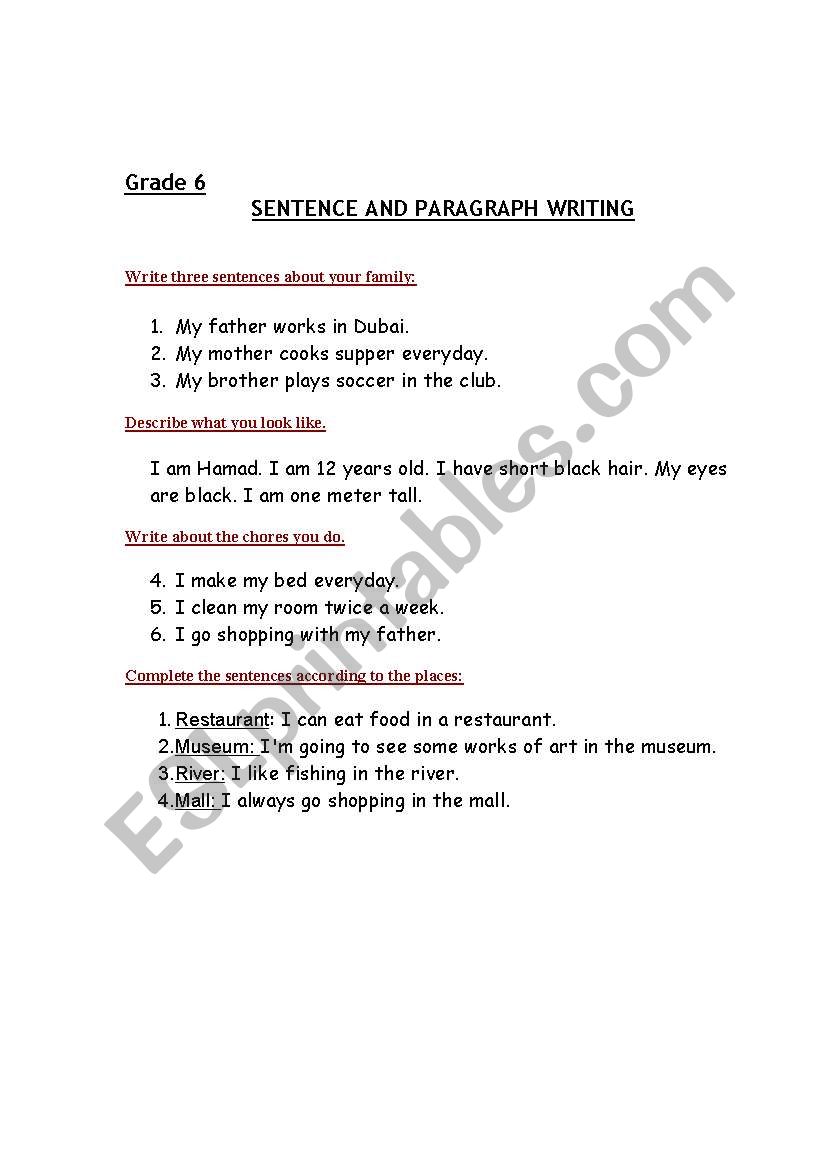 Writing grade 6 worksheet