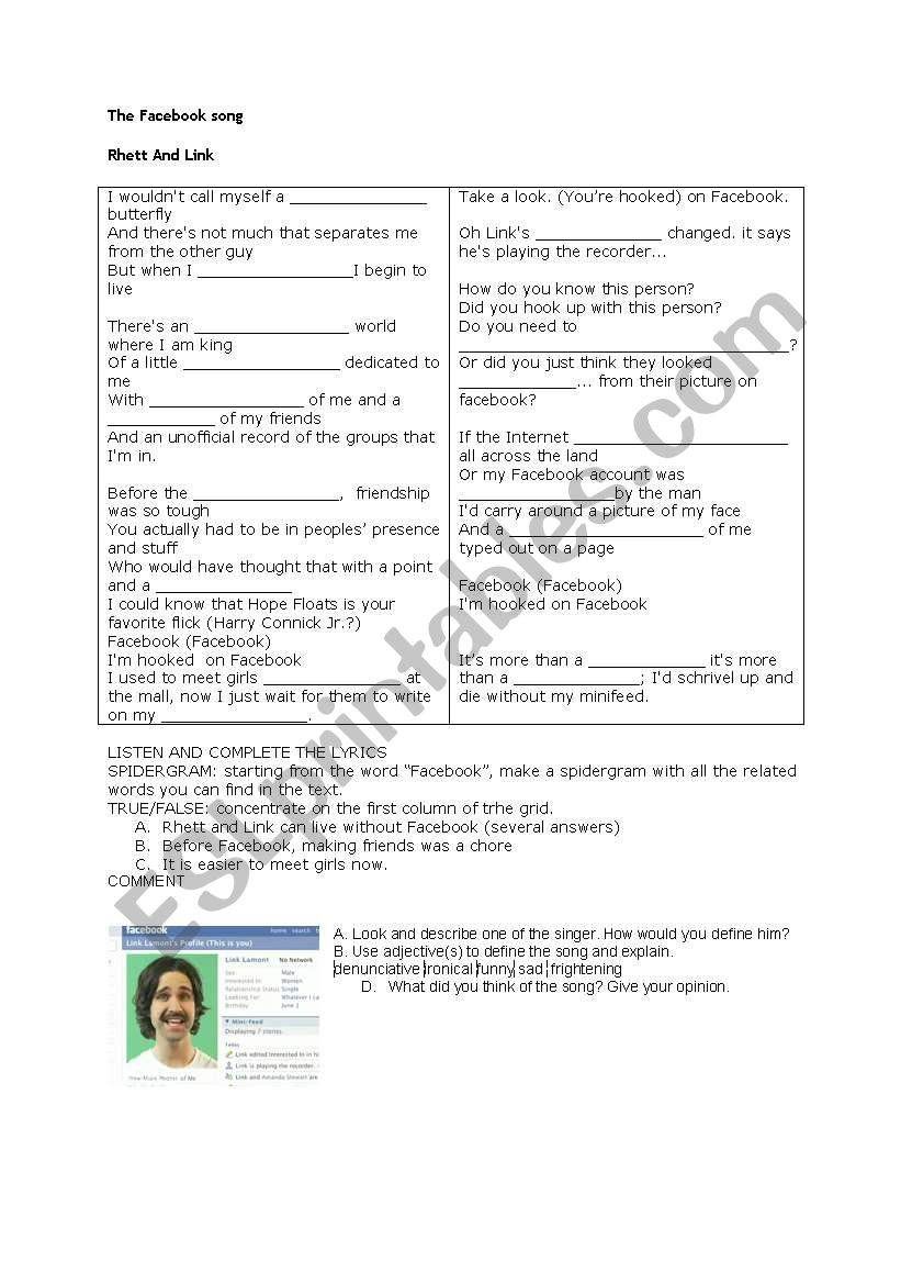 The Facebook song worksheet