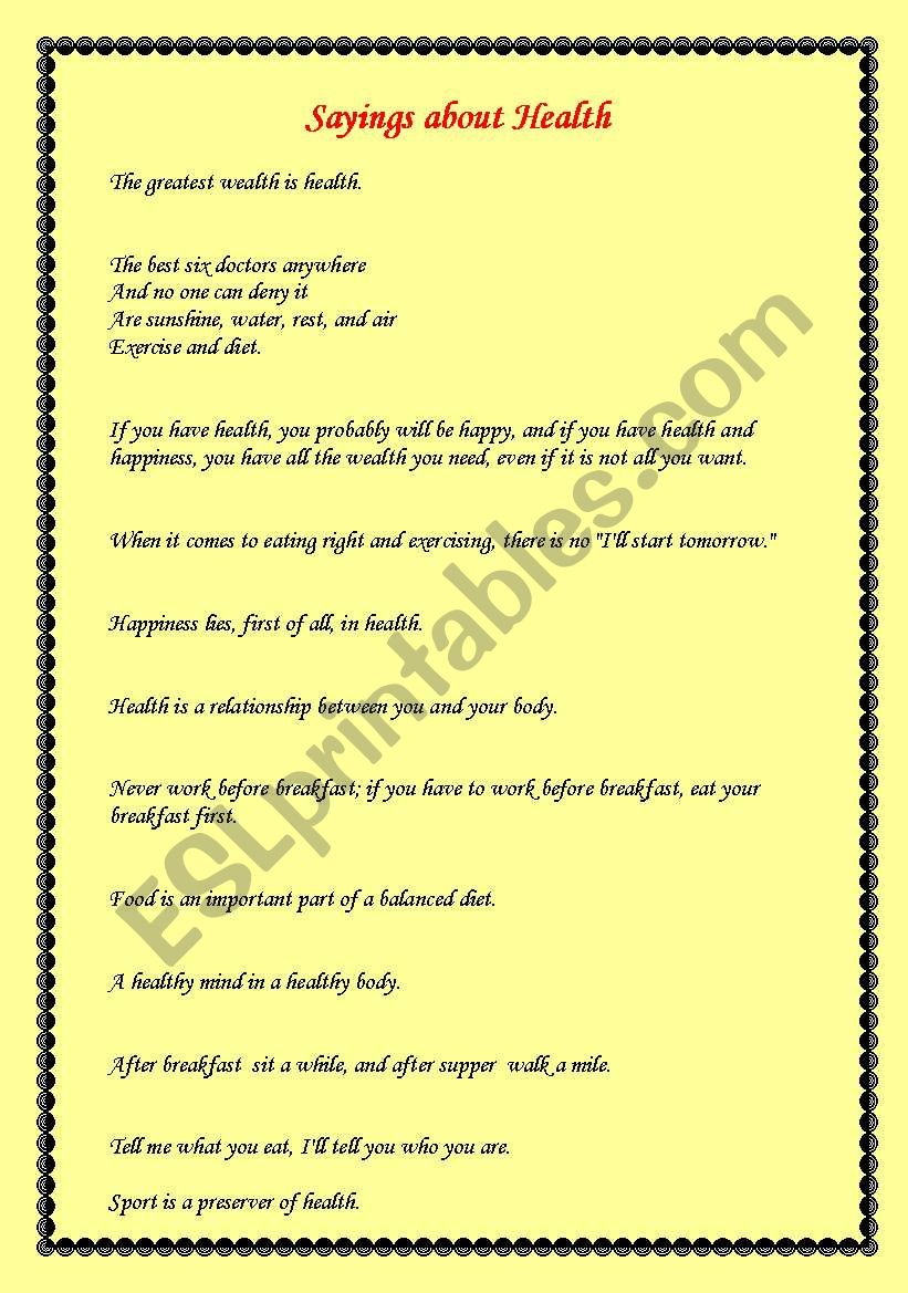 sayings about health worksheet