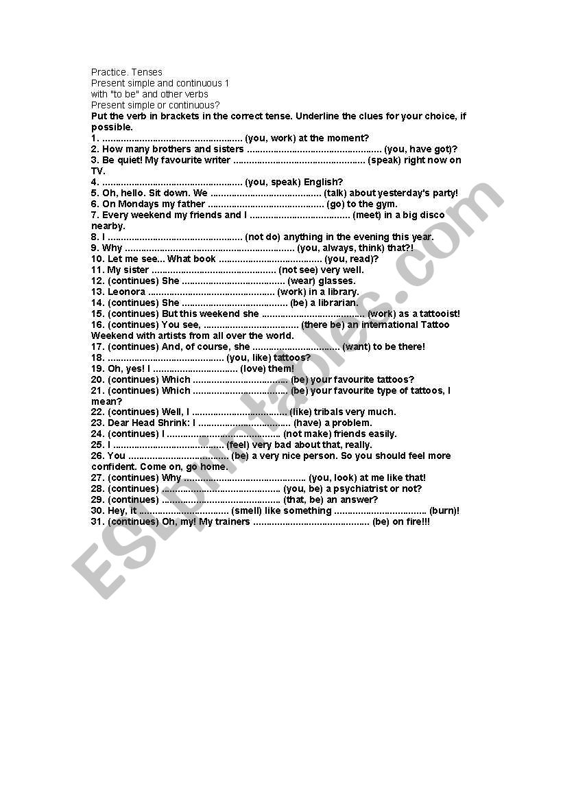 present simple and continuous worksheet