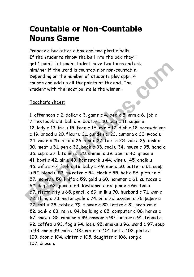 Countable or Non-Countable Nouns Game