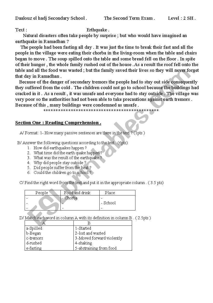 second year exam worksheet