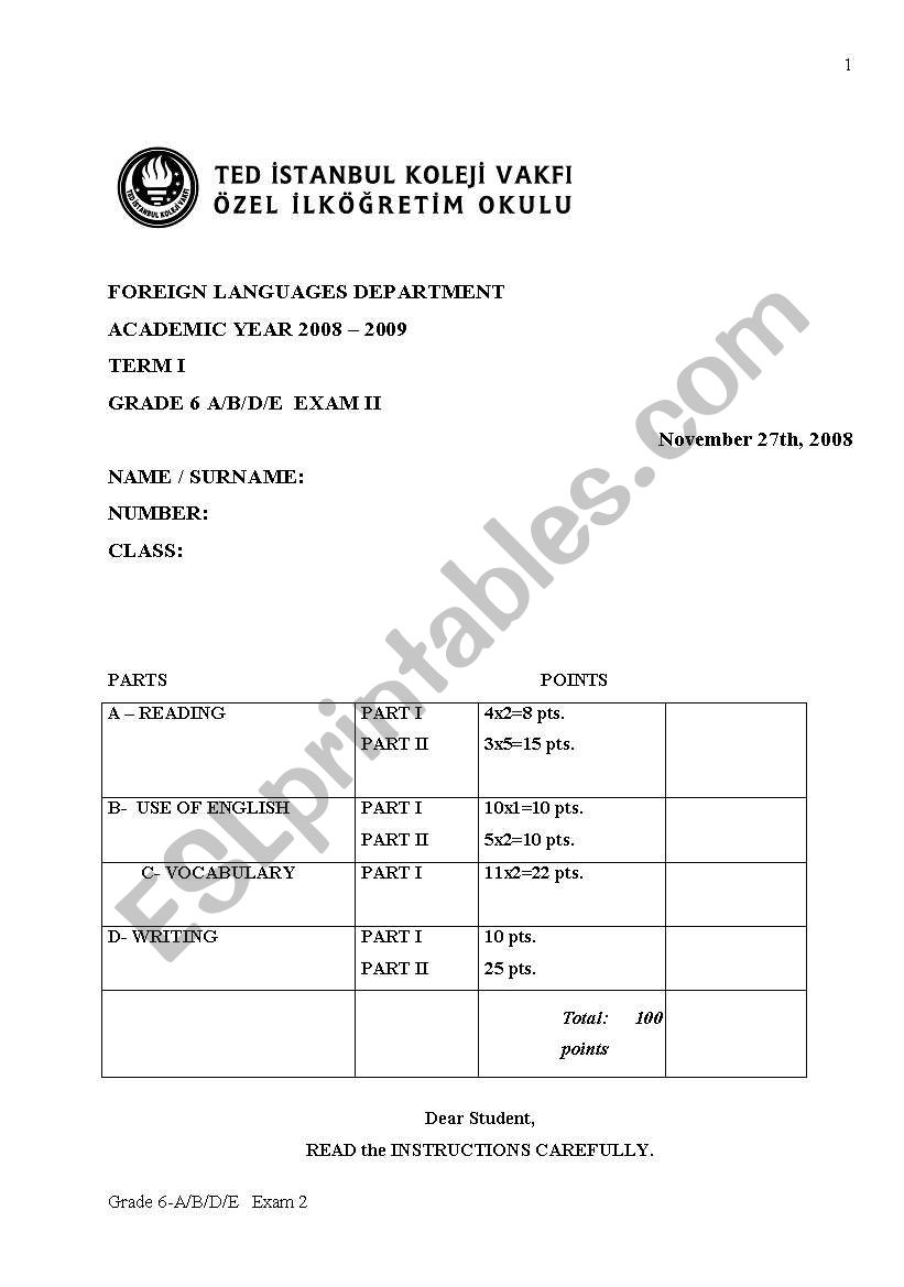 exam worksheet