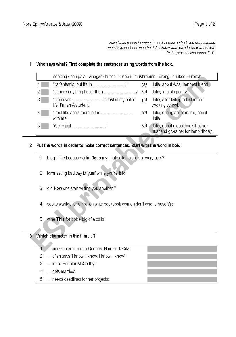 Julie and Julia worksheet