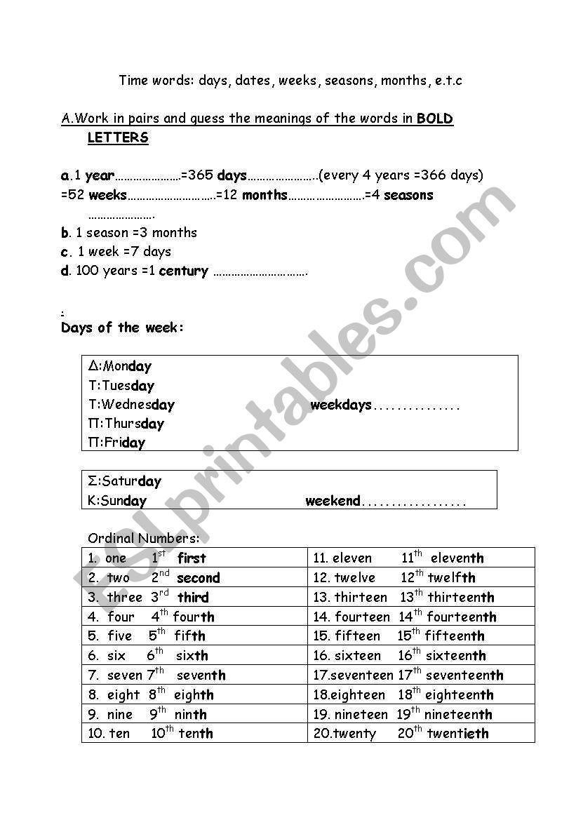 Dates and Time Words worksheet
