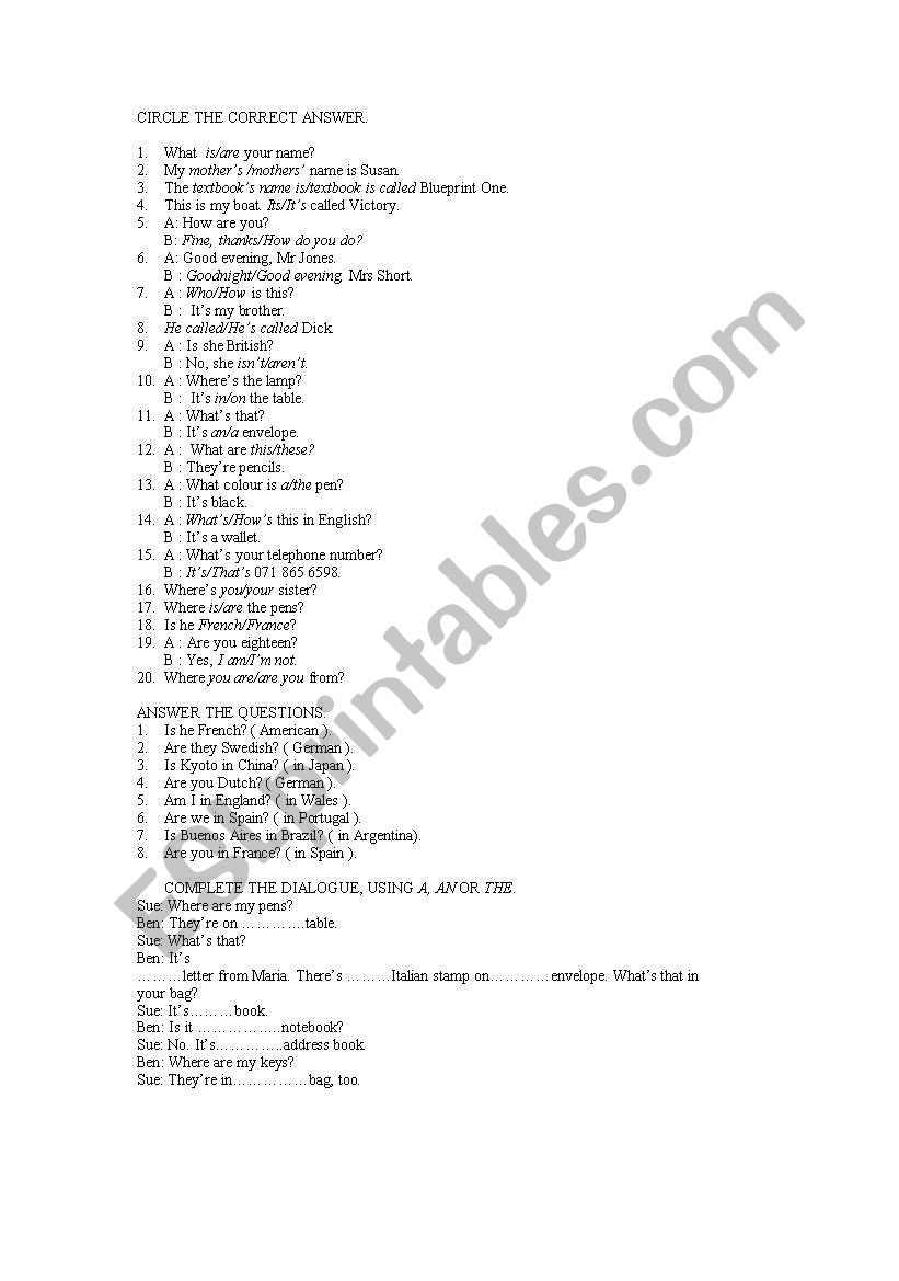 Articles worksheet