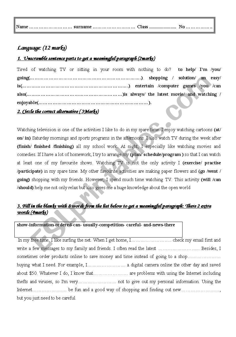 Mid-term-test2 8th form worksheet