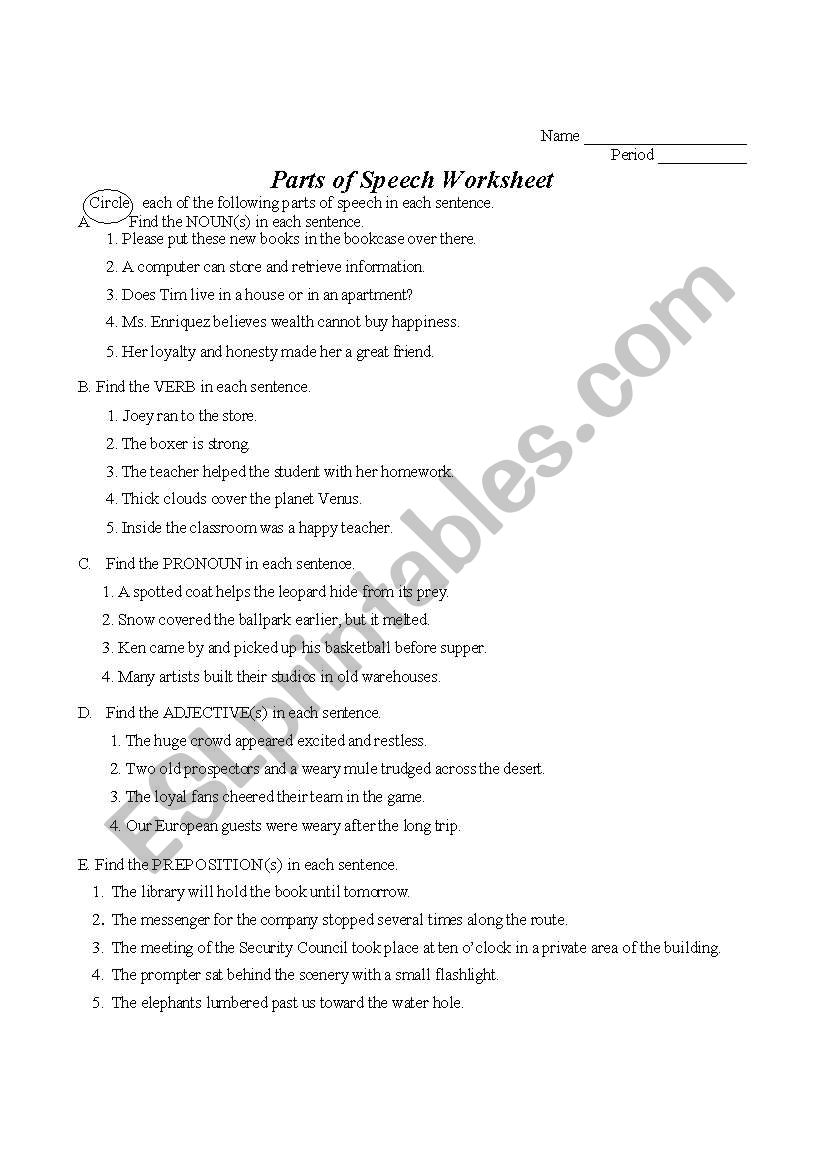 parts of speech worksheet worksheet