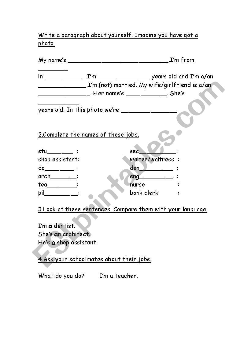 Describing yourself worksheet