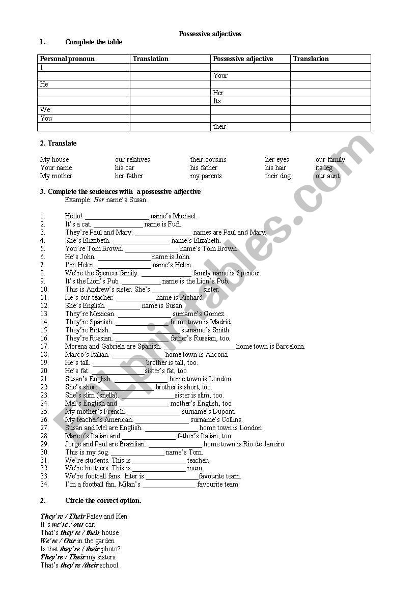 Possessive adjectives worksheet