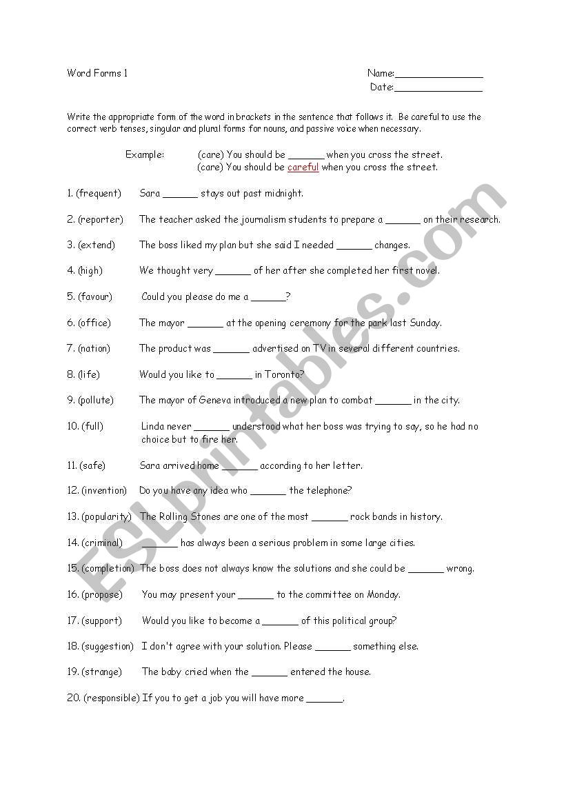 Word Forms 1 worksheet