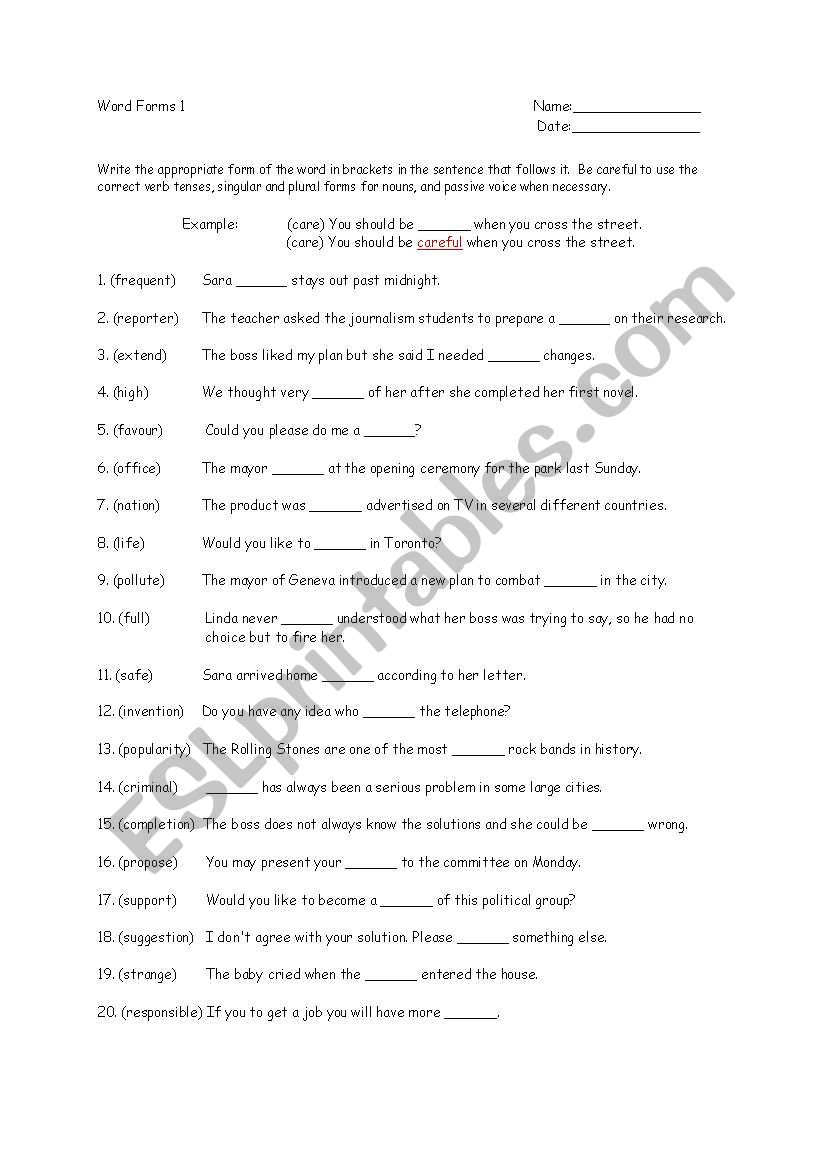 Word Forms 1 - ESL worksheet by stefanswiss