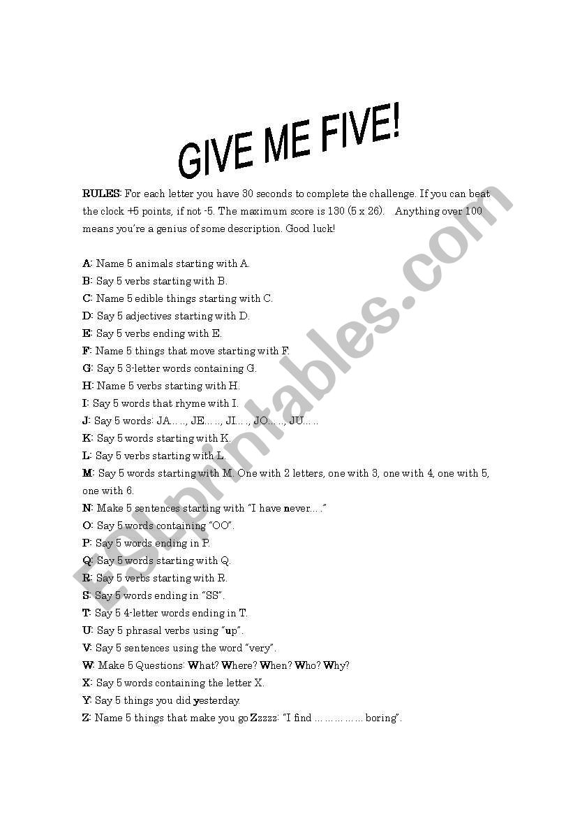 Give me 5 worksheet