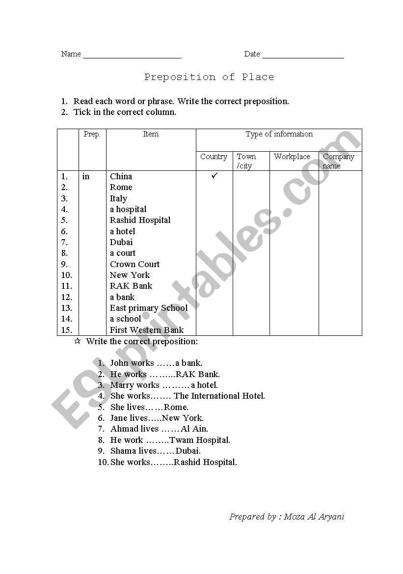 preposition of place worksheet