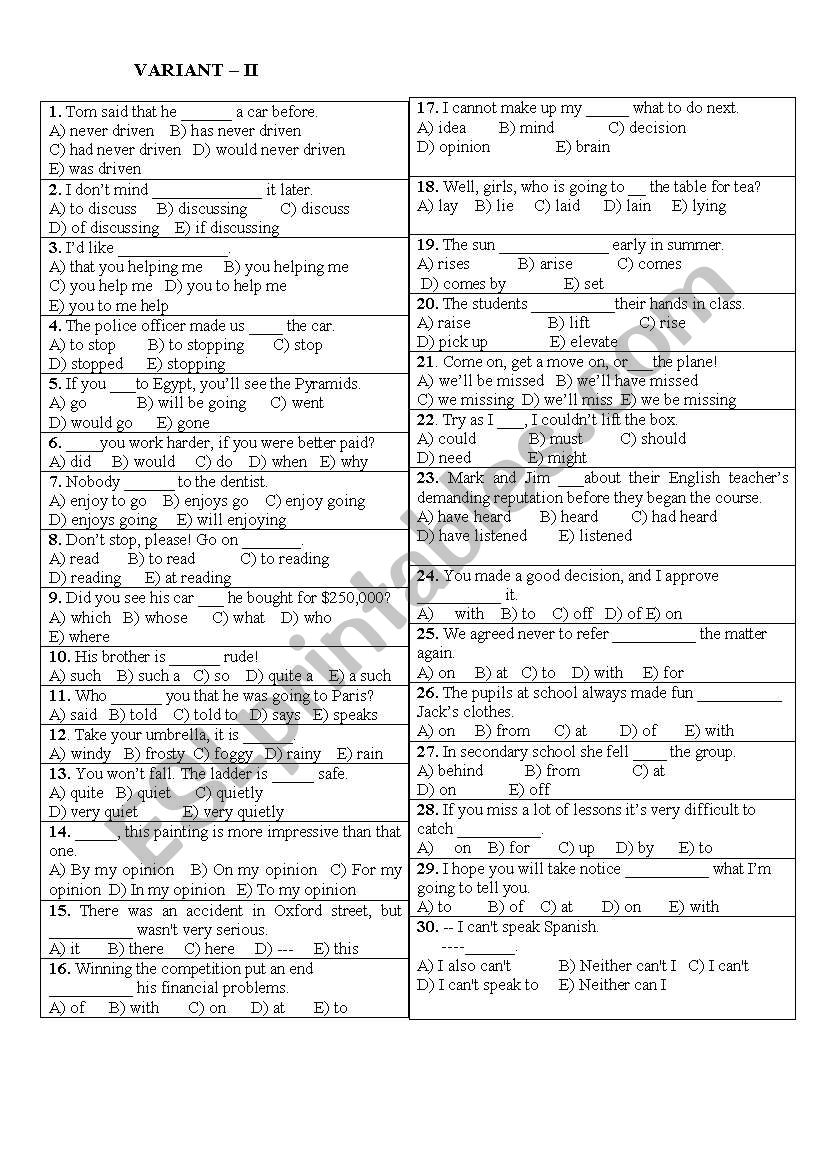 test worksheet