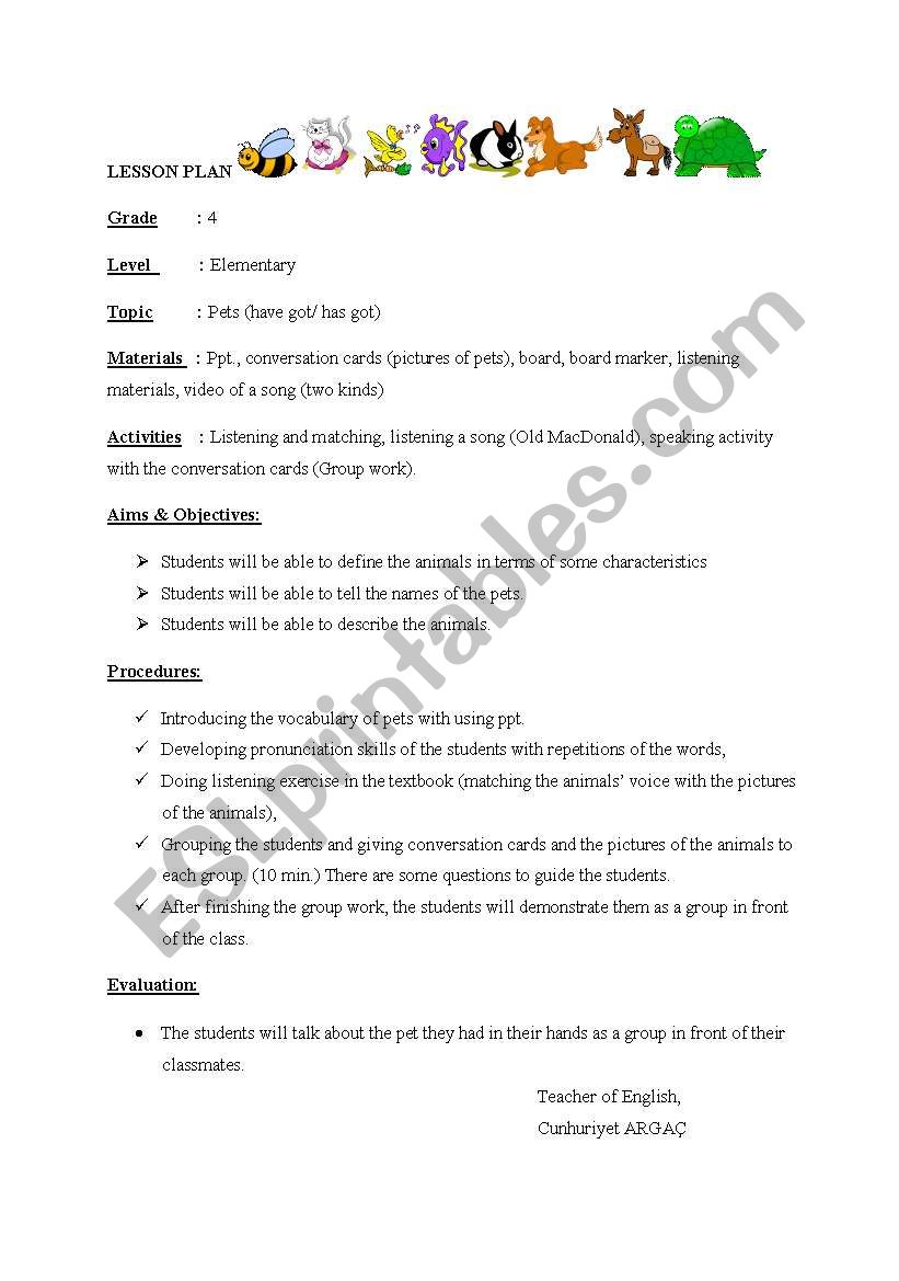 Lesson Plan (Pets) worksheet