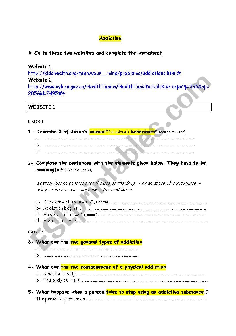 addiction webquest worksheet